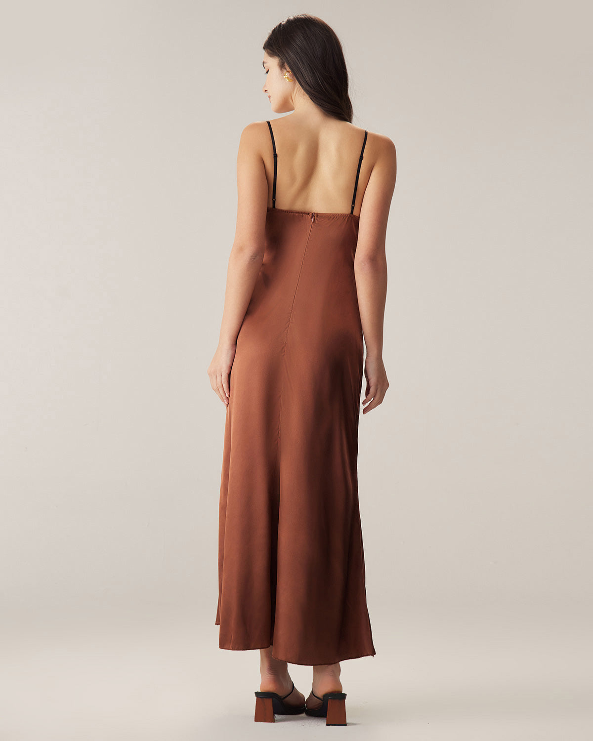 Brown Chiffon V Neck Slip Maxi Dress - Threadford