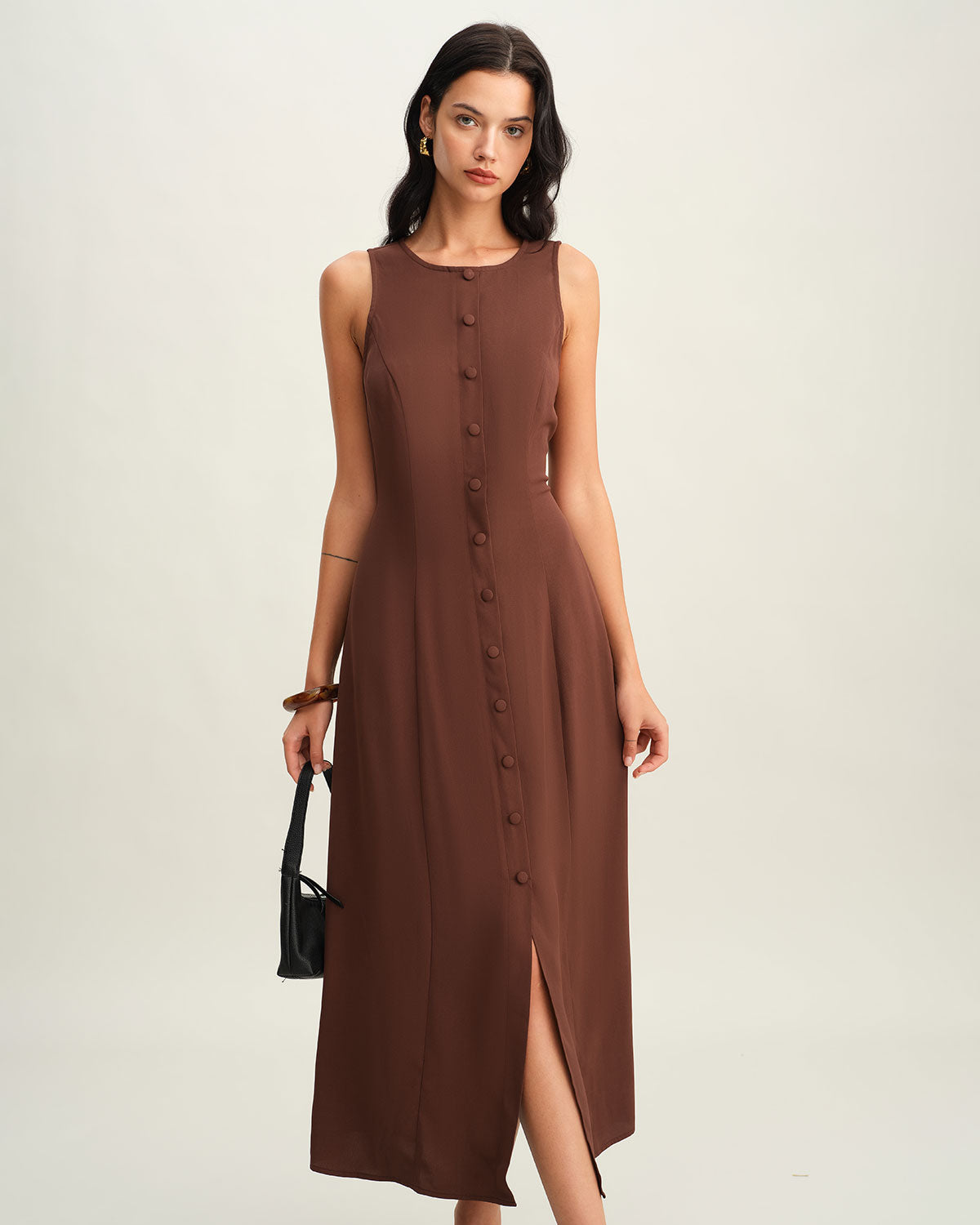 Brown Round Neck Button Sleeveless Maxi Dress - Threadford