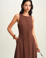 Brown Round Neck Button Sleeveless Maxi Dress - Threadford