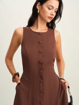 Brown Round Neck Button Sleeveless Maxi Dress - Threadford