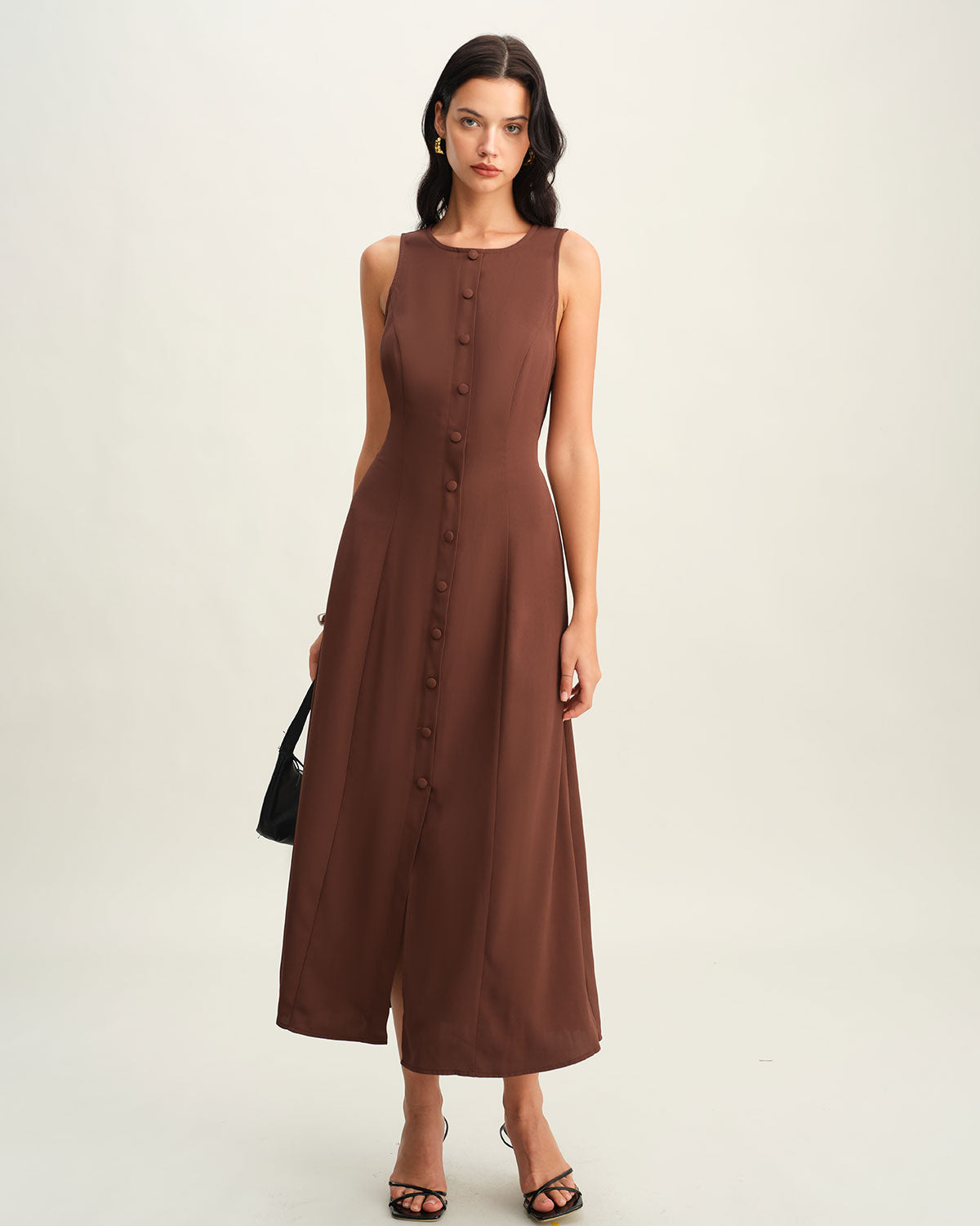 Brown Round Neck Button Sleeveless Maxi Dress - Threadford