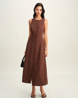 Brown Round Neck Button Sleeveless Maxi Dress - Threadford