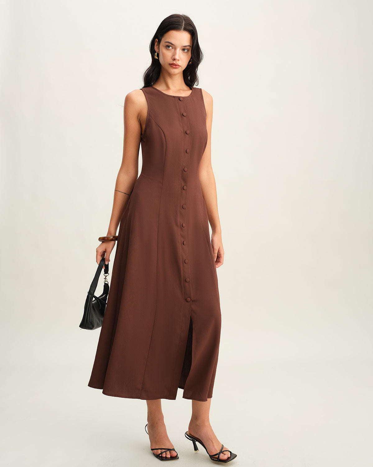 Brown Round Neck Button Sleeveless Maxi Dress - Threadford