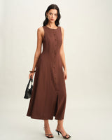 Brown Round Neck Button Sleeveless Maxi Dress - Threadford