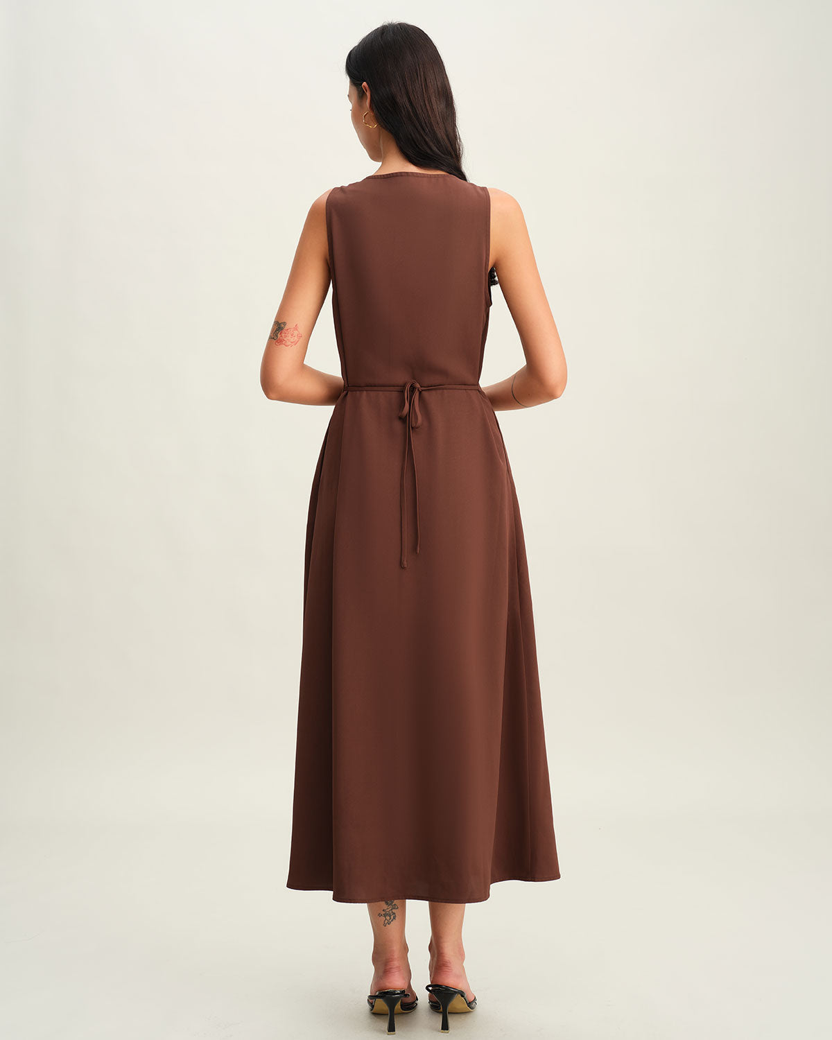 Brown Round Neck Button Sleeveless Maxi Dress - Threadford