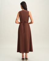 Brown Round Neck Button Sleeveless Maxi Dress - Threadford