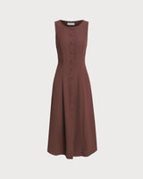 Brown Round Neck Button Sleeveless Maxi Dress - Threadford