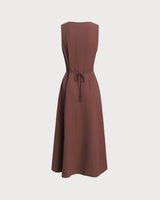 Brown Round Neck Button Sleeveless Maxi Dress - Threadford