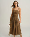 Brown Ruched Mesh Slip Maxi Dress - Threadford