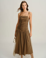 Brown Ruched Mesh Slip Maxi Dress - Threadford