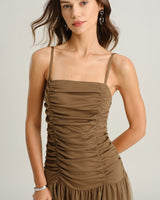 Brown Ruched Mesh Slip Maxi Dress - Threadford