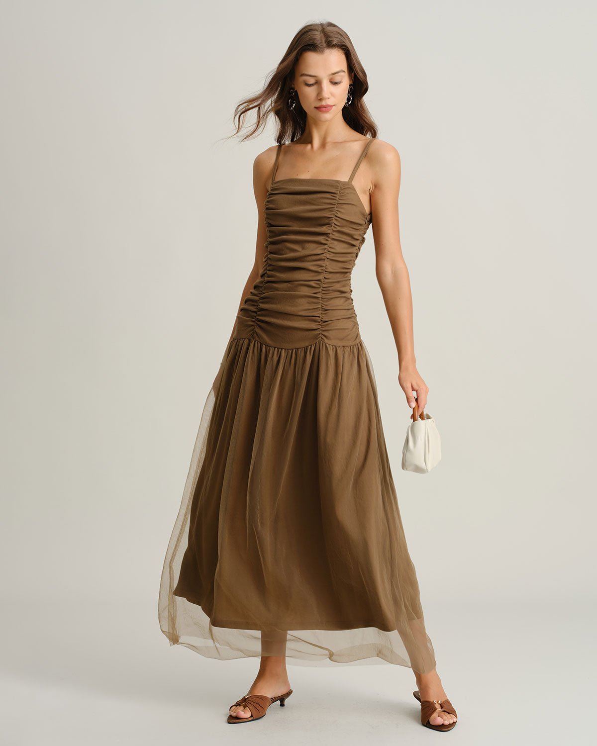 Brown Ruched Mesh Slip Maxi Dress - Threadford
