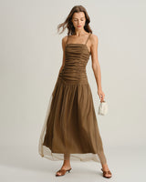 Brown Ruched Mesh Slip Maxi Dress - Threadford