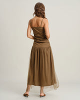 Brown Ruched Mesh Slip Maxi Dress - Threadford