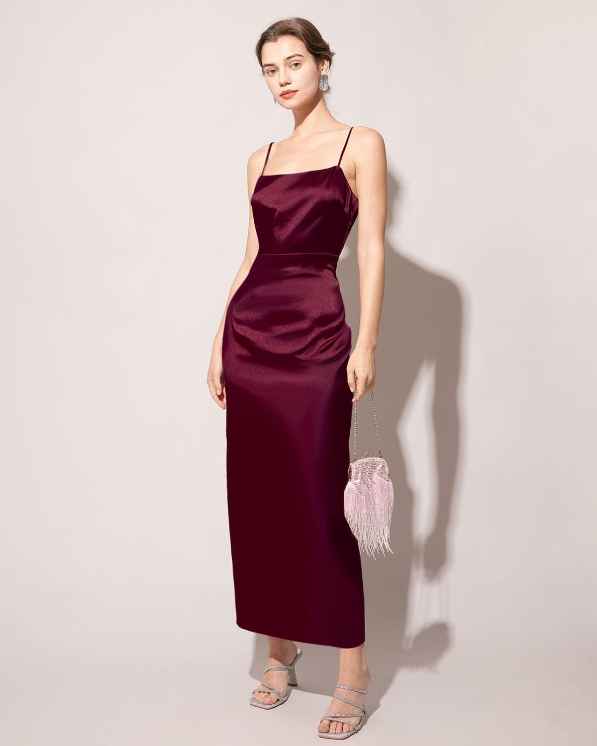 The Red Back Slit Satin Sling Maxi Dress - Threadford