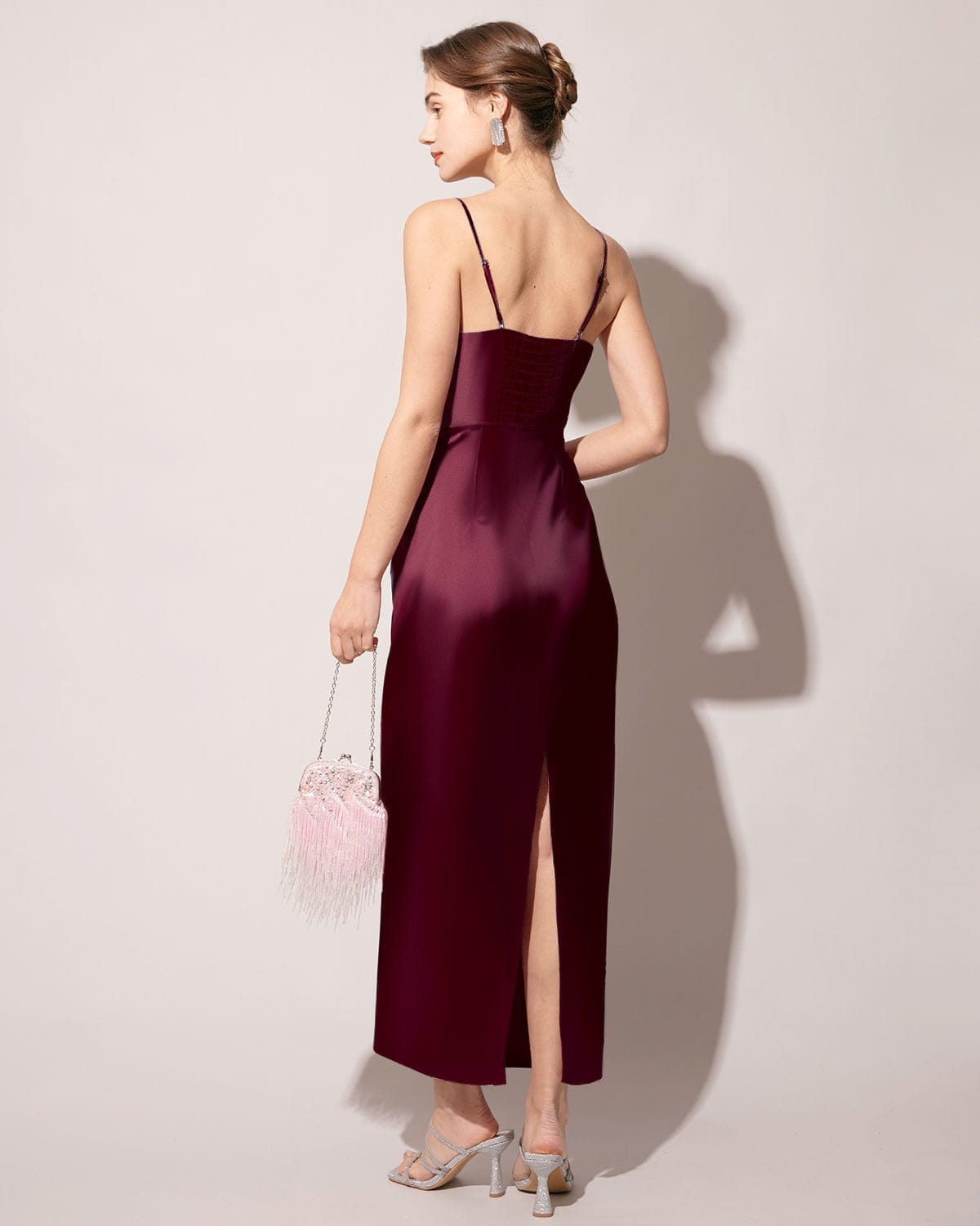 The Red Back Slit Satin Sling Maxi Dress - Threadford