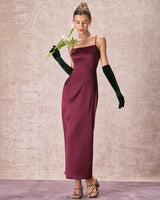 The Red Back Slit Satin Sling Maxi Dress - Threadford