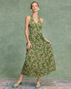 Green Floral Shirred Halter Maxi Dress - Threadford