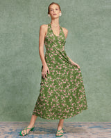 Green Floral Shirred Halter Maxi Dress - Threadford