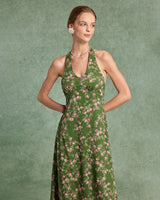 Green Floral Shirred Halter Maxi Dress - Threadford
