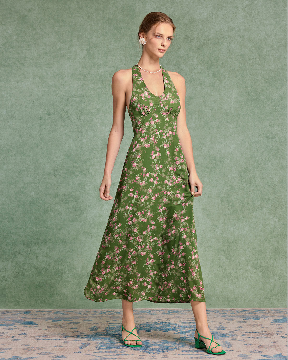Green Floral Shirred Halter Maxi Dress - Threadford