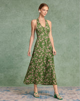 Green Floral Shirred Halter Maxi Dress - Threadford