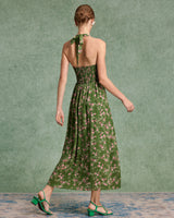Green Floral Shirred Halter Maxi Dress - Threadford