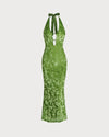 Green Floral Bodycon Halter Maxi Dress - Threadford