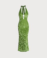 Green Floral Bodycon Halter Maxi Dress - Threadford