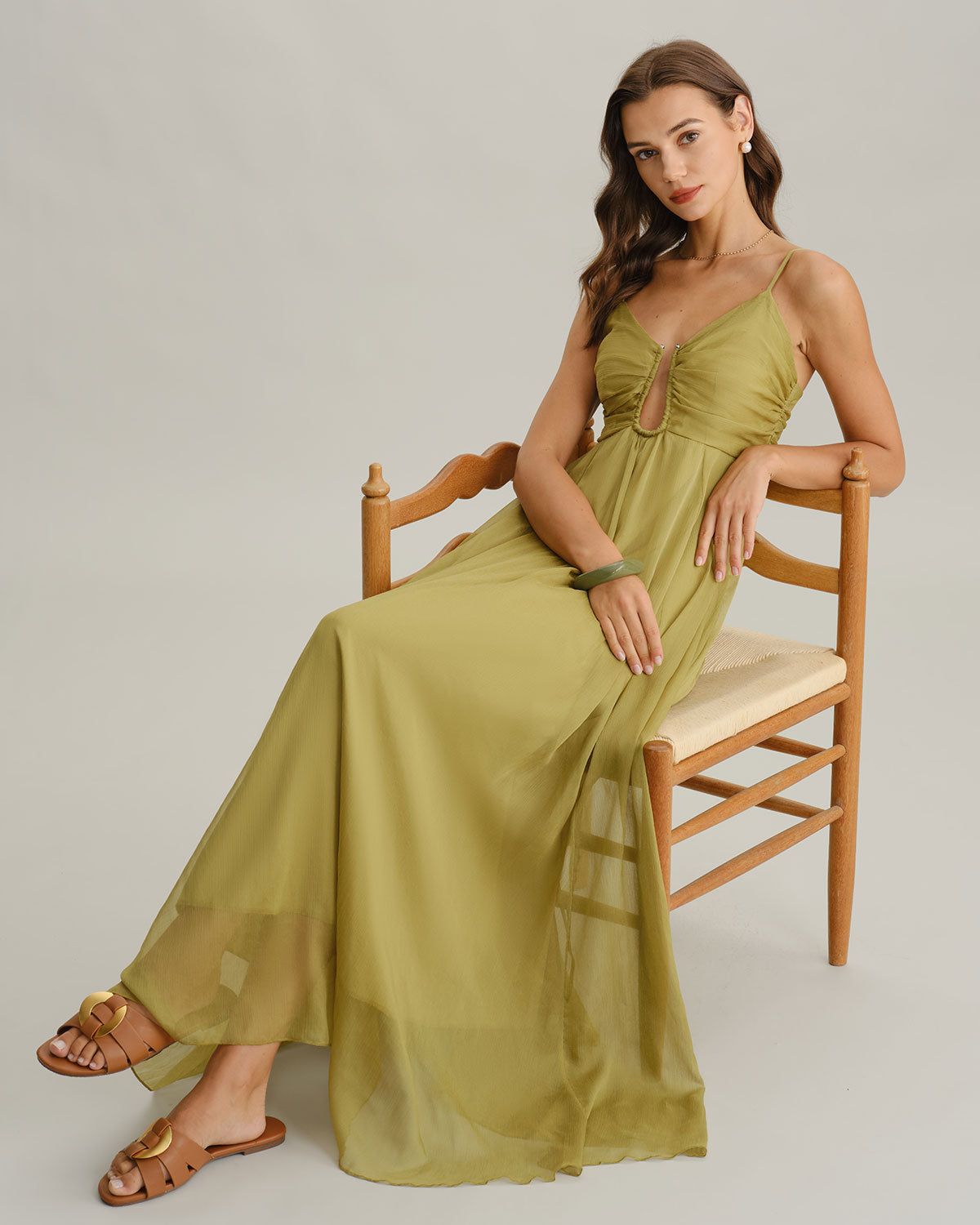 Green Flowy Slip Maxi Dress - Threadford