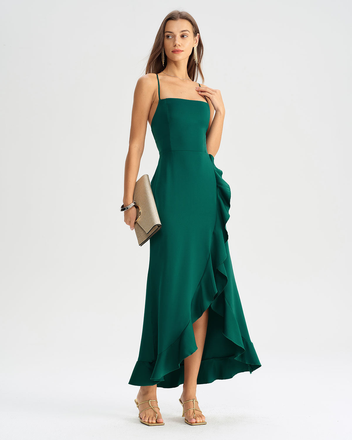 Green Ruffle Backless Slip Maxi Dress - Threadford