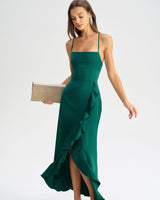 Green Ruffle Backless Slip Maxi Dress - Threadford