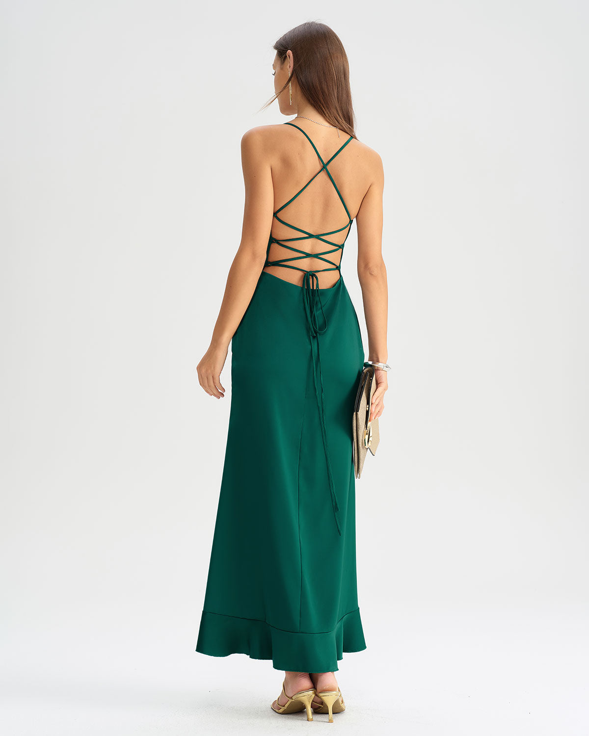 Green Ruffle Backless Slip Maxi Dress - Threadford
