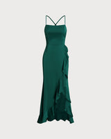 Green Ruffle Backless Slip Maxi Dress - Threadford