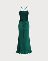 Green Ruffle Backless Slip Maxi Dress - Threadford