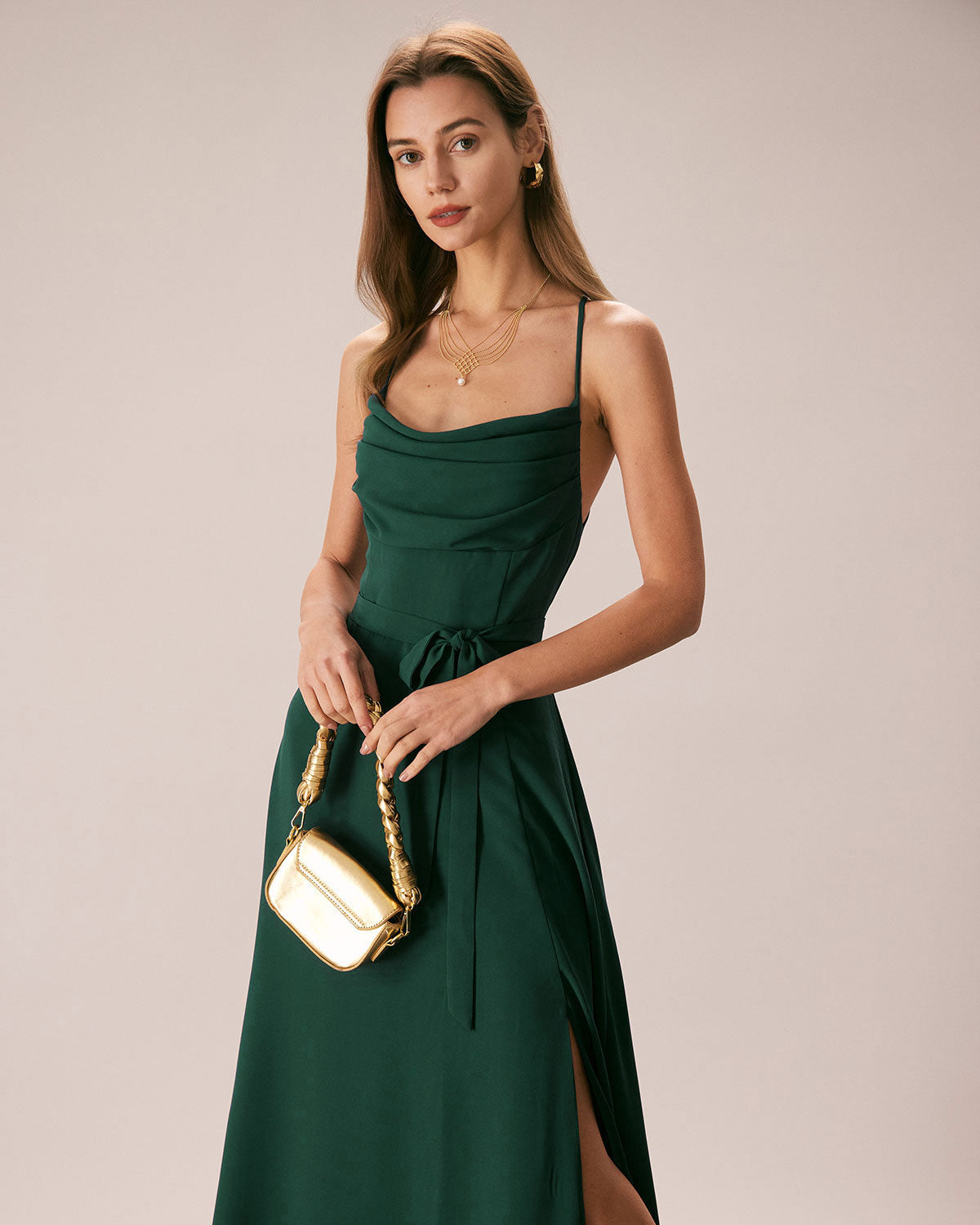 Green Cowl Neck Cutout Back Maxi Dress - Threadford