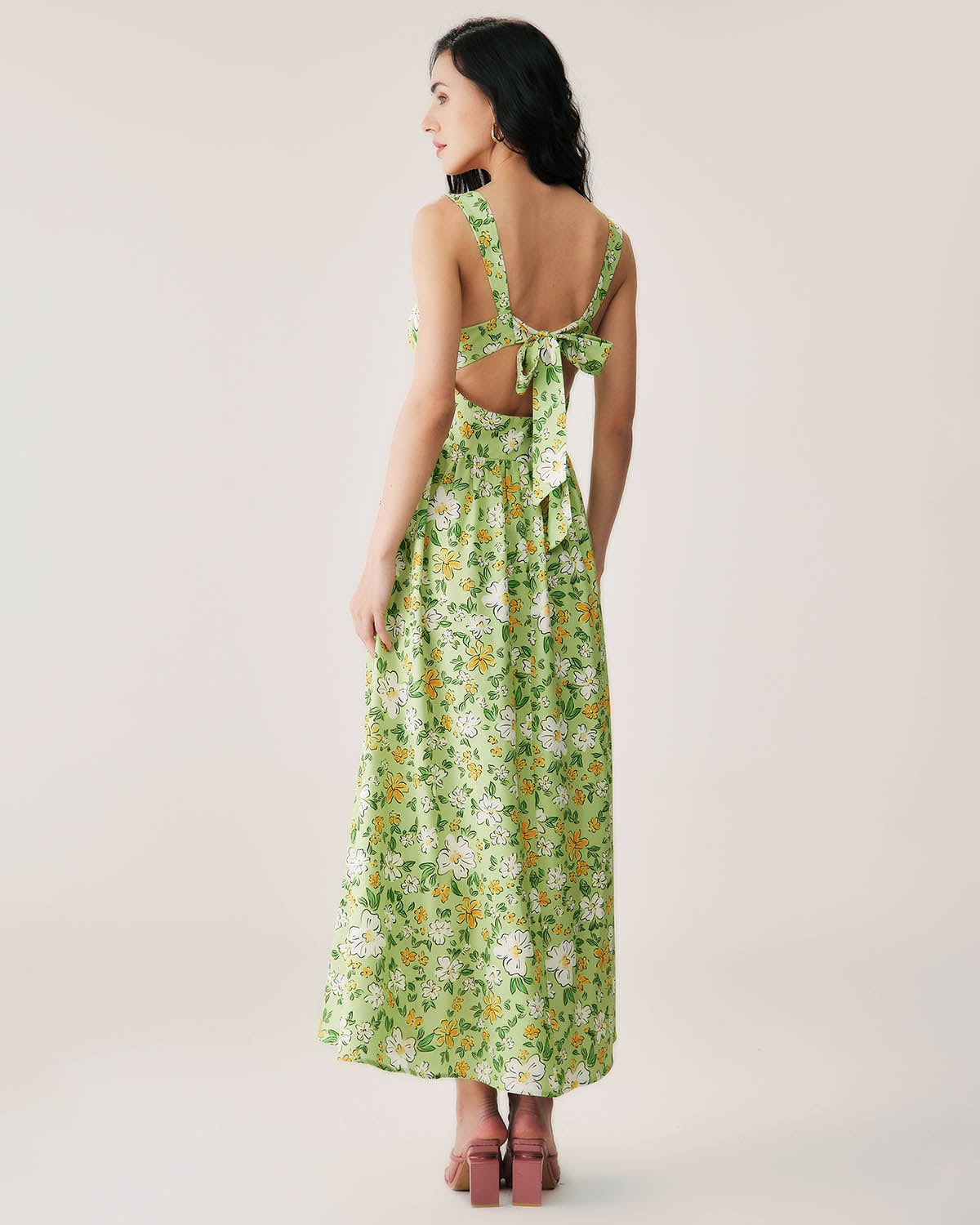 Green Floral Backless Maxi Dress - Threadford