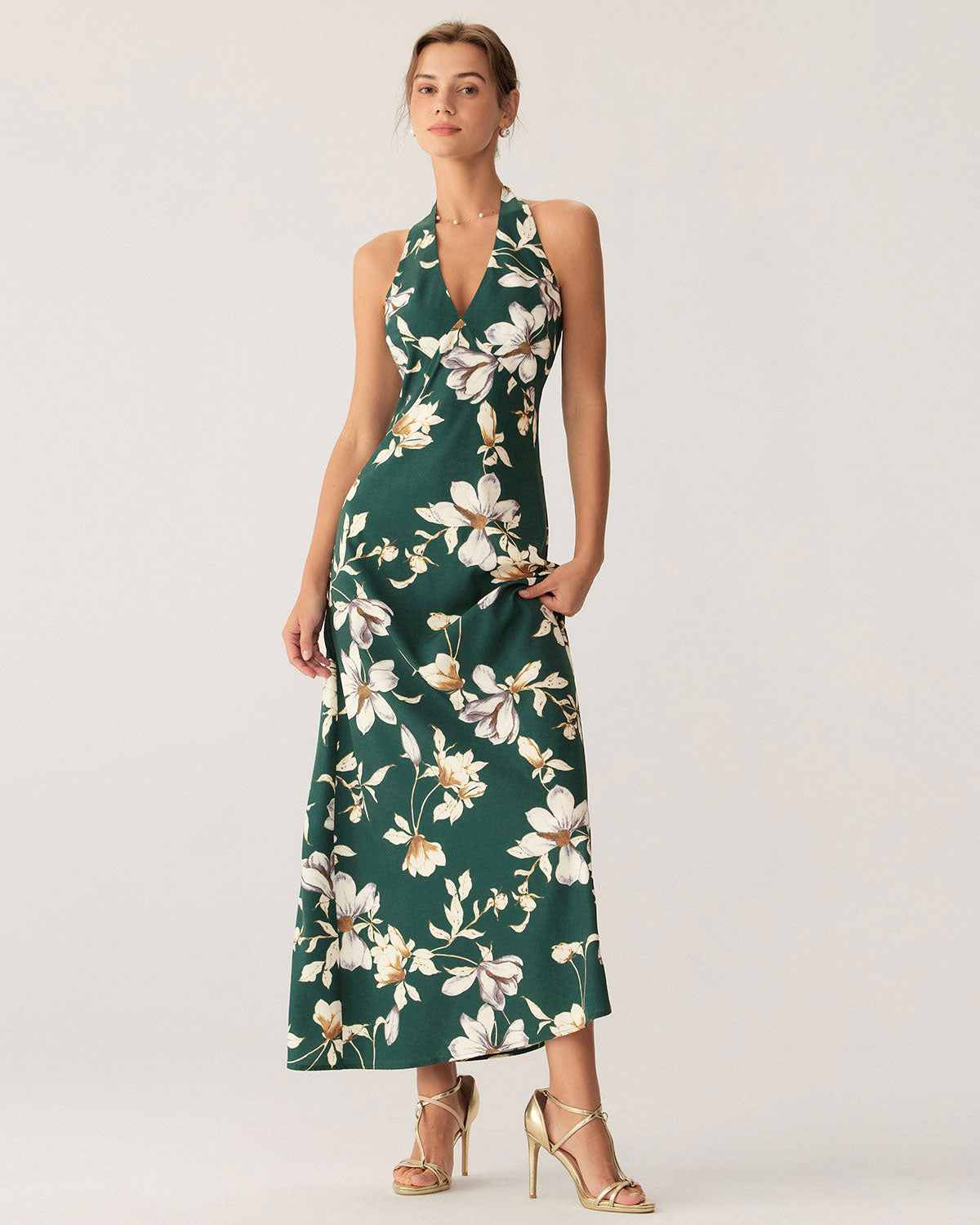 Green Floral Halter Maxi Dress - Threadford