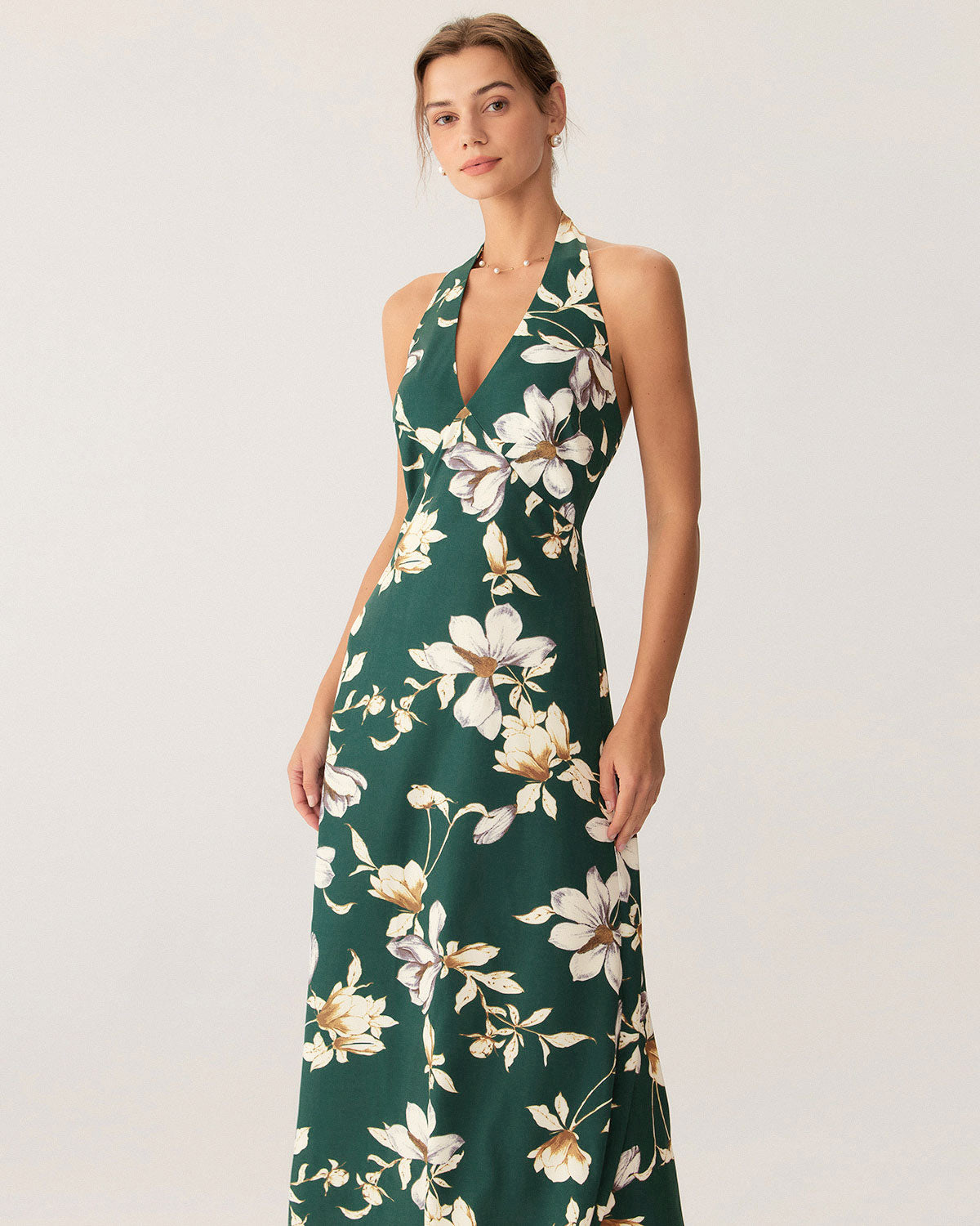 Green Floral Halter Maxi Dress - Threadford