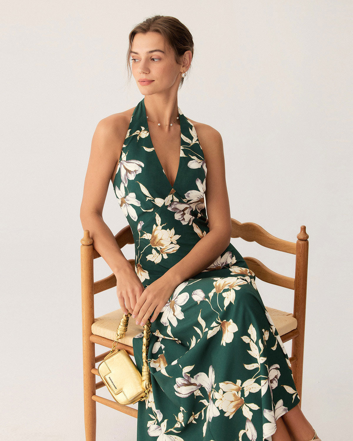 Green Floral Halter Maxi Dress - Threadford