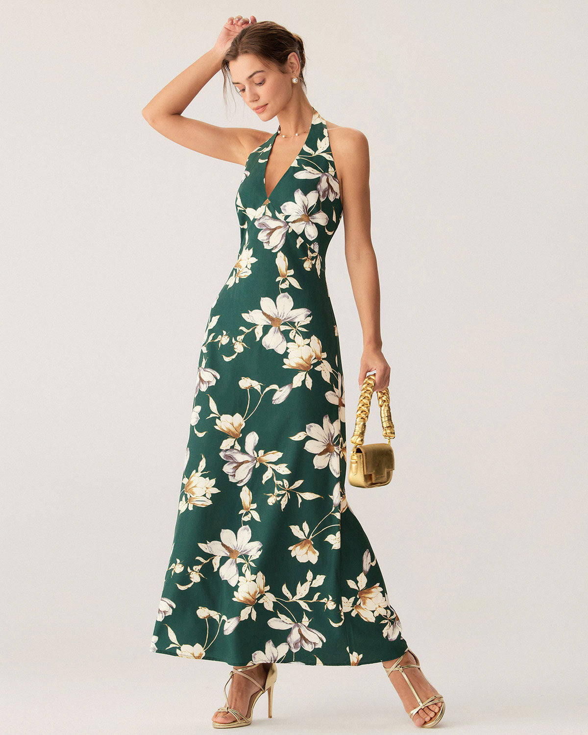 Green Floral Halter Maxi Dress - Threadford