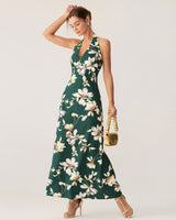 Green Floral Halter Maxi Dress - Threadford