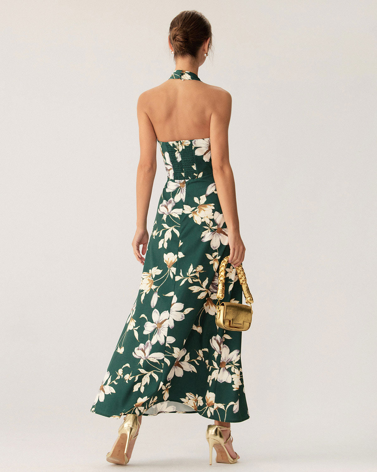 Green Floral Halter Maxi Dress - Threadford