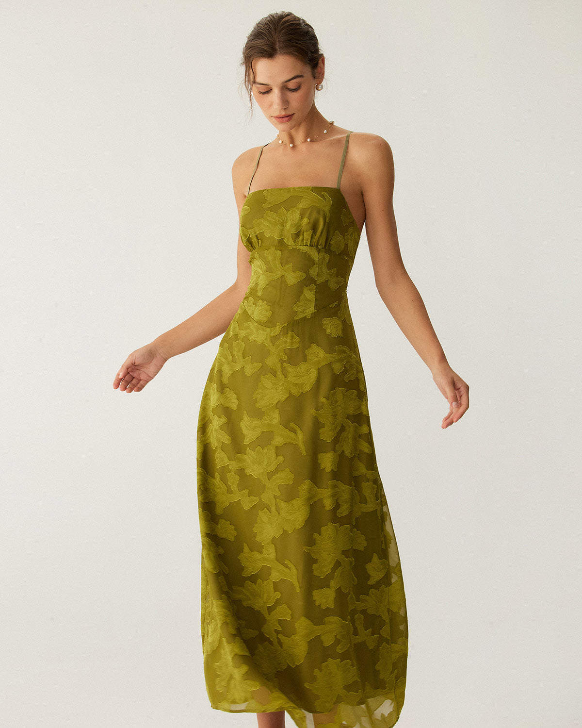 Green Floral Ruched Backless Slip Maxi Dress - Threadford