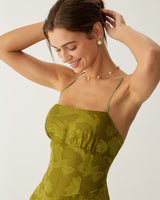 Green Floral Ruched Backless Slip Maxi Dress - Threadford