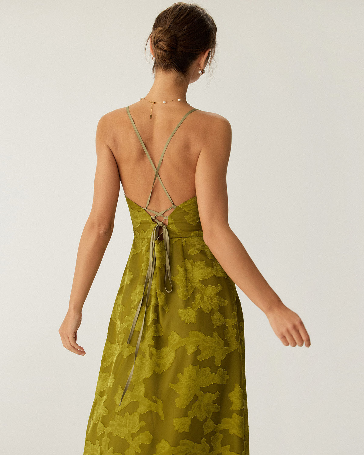Green Floral Ruched Backless Slip Maxi Dress - Threadford