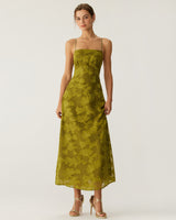 Green Floral Ruched Backless Slip Maxi Dress - Threadford