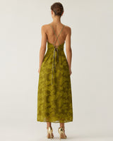 Green Floral Ruched Backless Slip Maxi Dress - Threadford