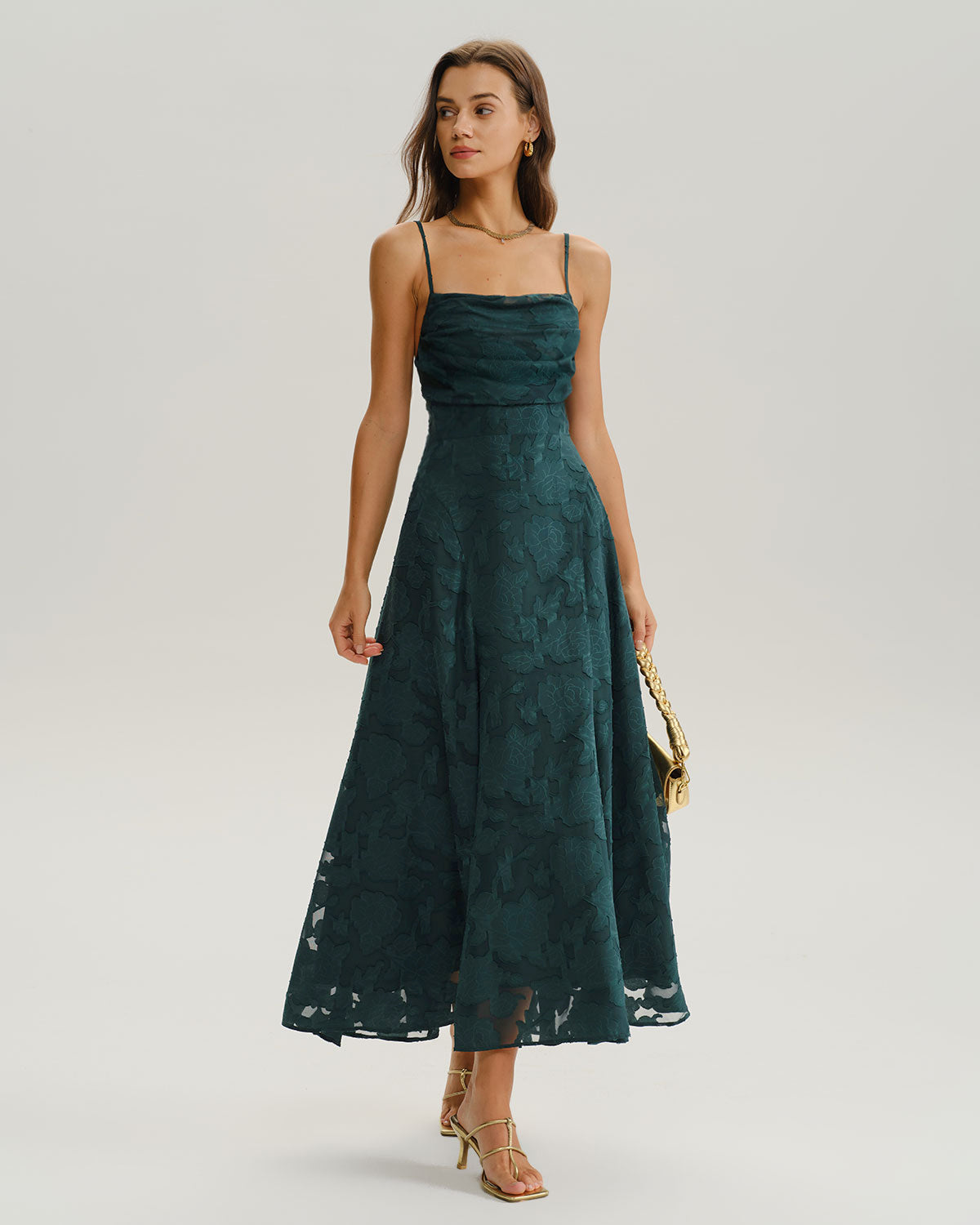 Green Jacquard A-Line Slip Maxi Dress - Threadford
