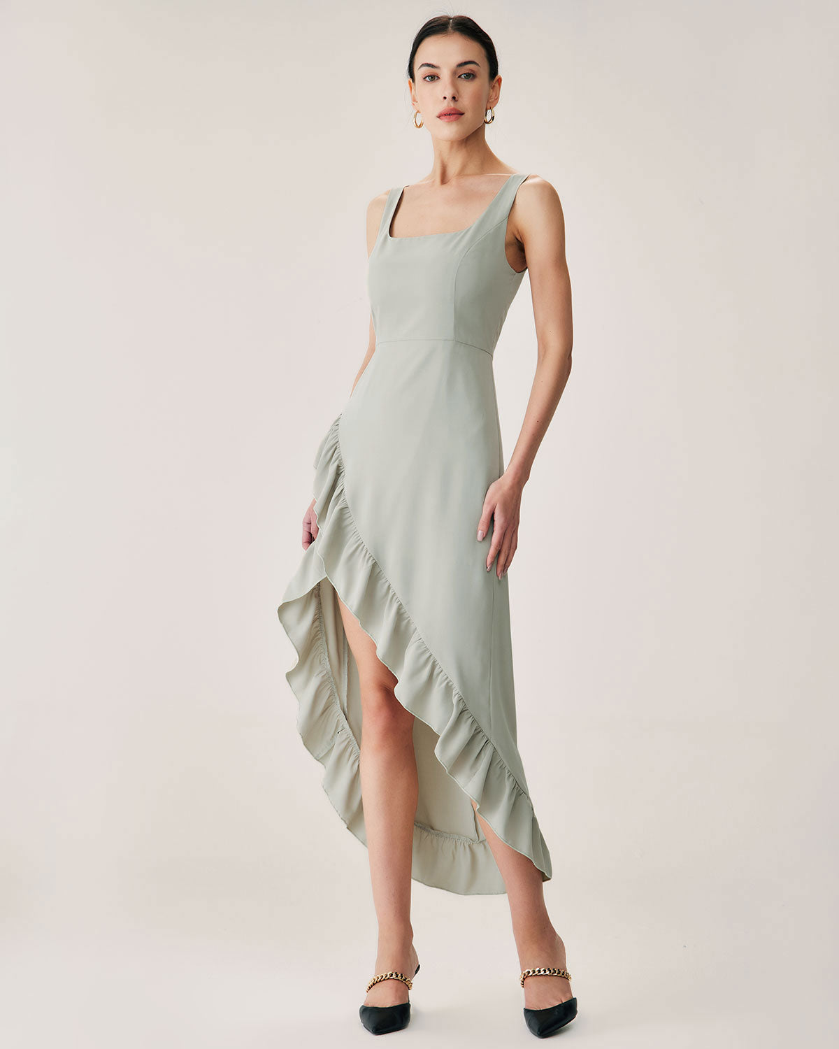 Green Ruffle Slit Slip Maxi Dress - Threadford